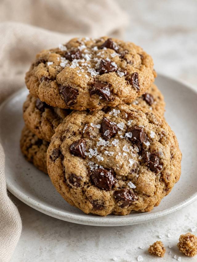 Chocolate chip cookies with flakes of salt on top.