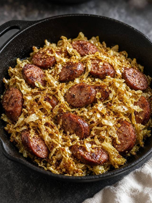 Skillet of smoked sausage and cabbage.