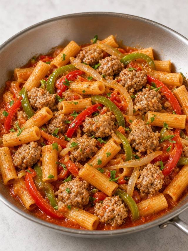 Rigatoni on a platter with browned Italian sausage chunks, strips of red and green bell pepper, and onion in a thin red sauce.