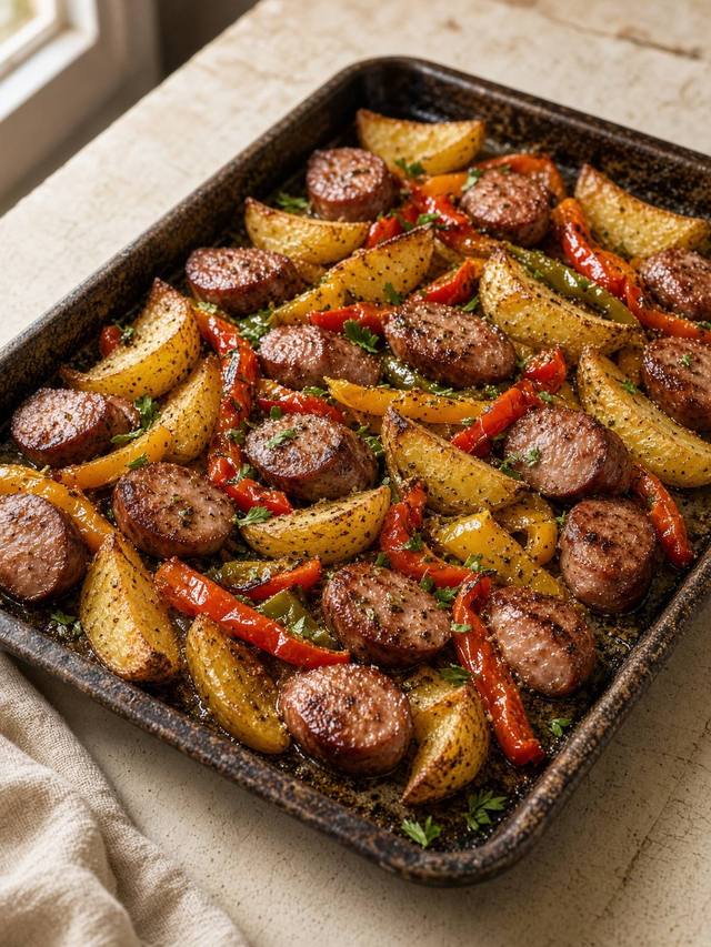 A sheet pan of roasted sausage, potato wedges, and peppers.