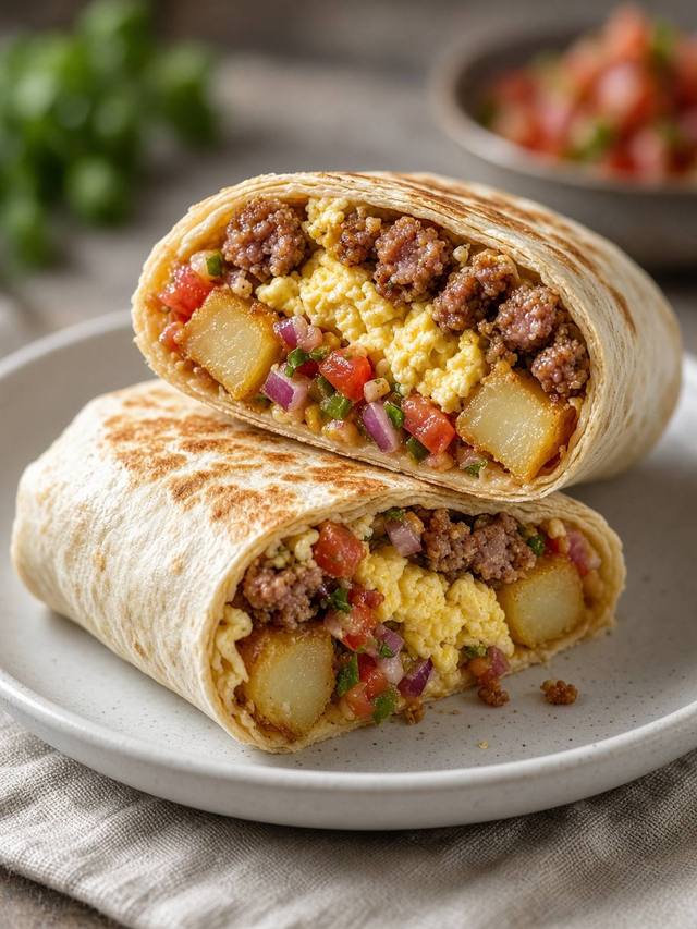 A flour tortilla rolled around crispy potato hash, scrambled eggs, sausage, and salsa.
