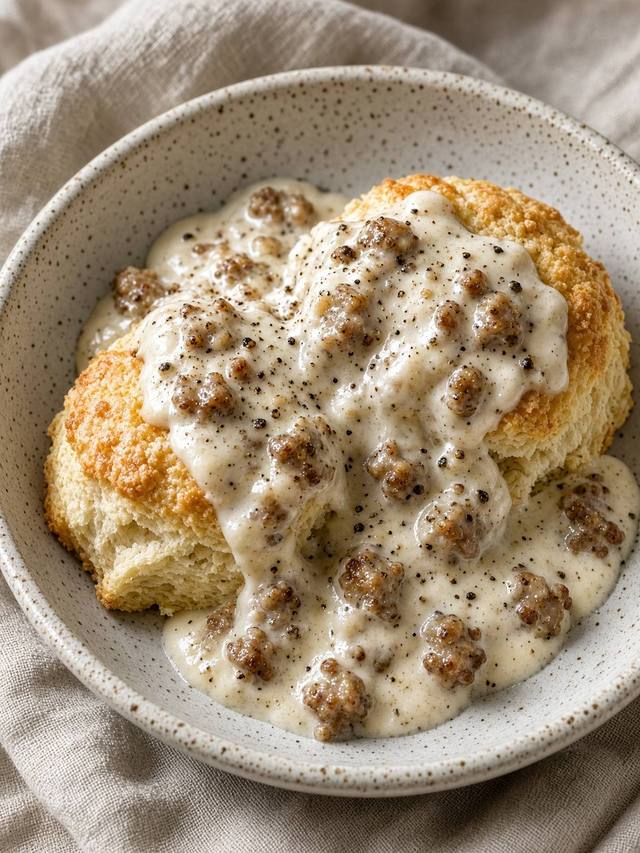Split biscuits covered in sausage gravy in a bowl.