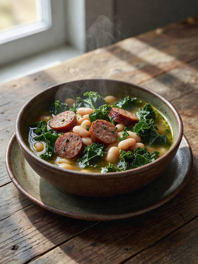 Bowl of sausage kale soup with white beans and tomatoes