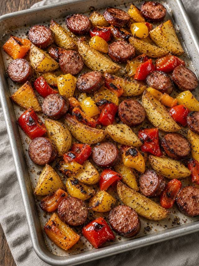Sheet pan of sausage, potato wedges, and peppers.