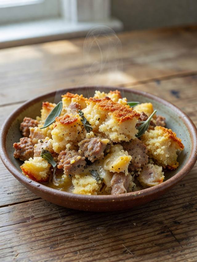 Baked sausage sage cornbread stuffing in a rectangular dish
