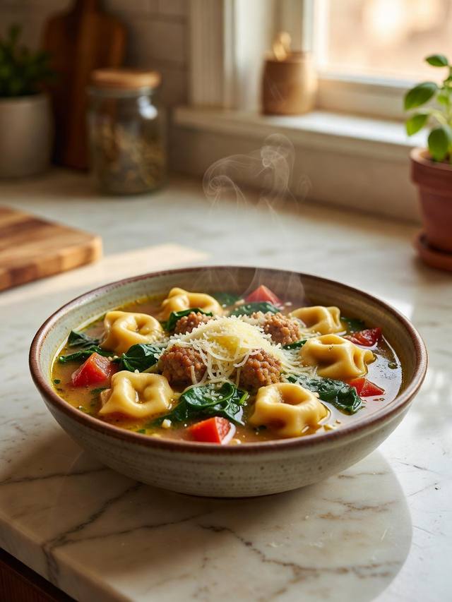 Bowl of sausage tortellini soup with spinach, tomato, and a spoon of parmesan