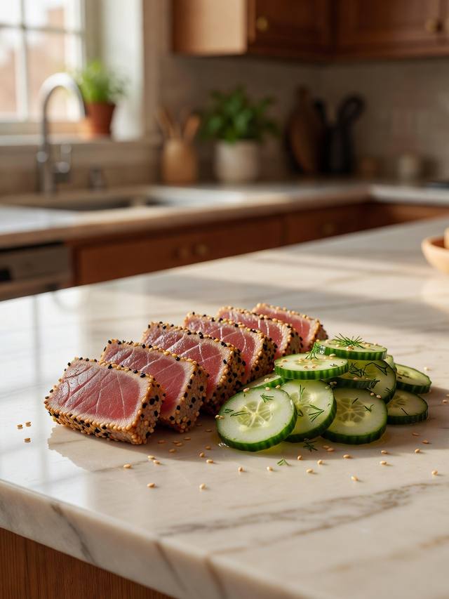 Sliced cooked ahi tuna with a sesame crust beside cucumber salad