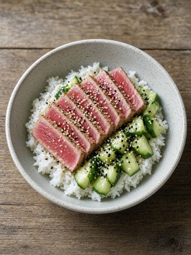 Sliced seared tuna over rice with cucumber and sesame