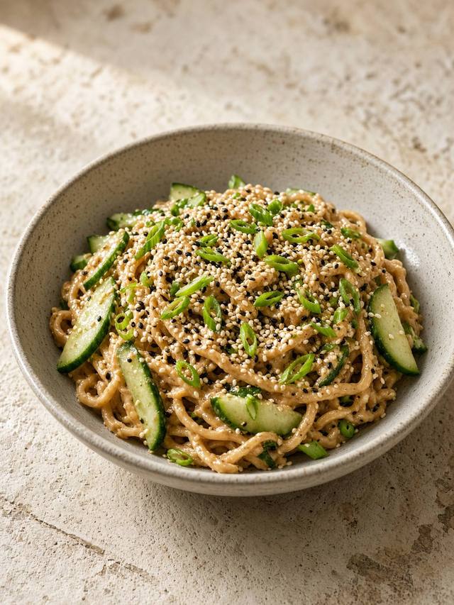 Noodles coated in sesame sauce with cucumber and green onion.