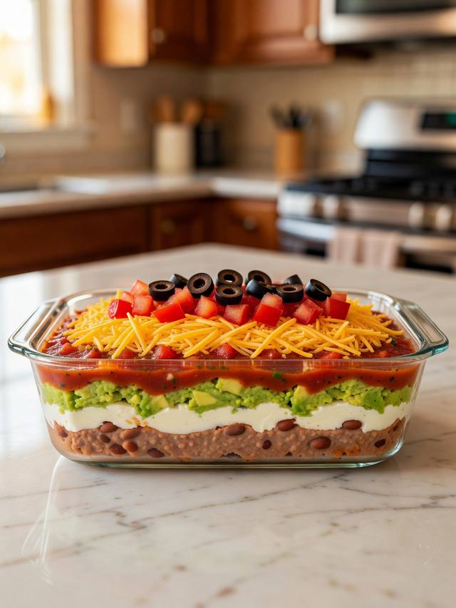 Glass dish of seven-layer dip showing beans, sour cream, avocado, salsa, cheddar, tomato, and olives
