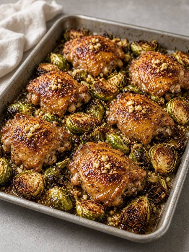 Sheet pan of chicken thighs and roasted brussels sprouts.