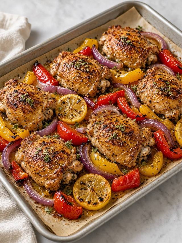 Sheet pan of Greek chicken with peppers and lemon.