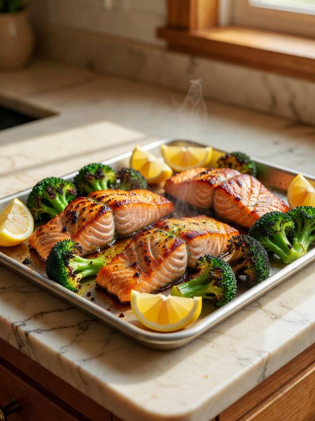 Roasted salmon fillets and charred broccoli on a sheet pan with lemon wedges