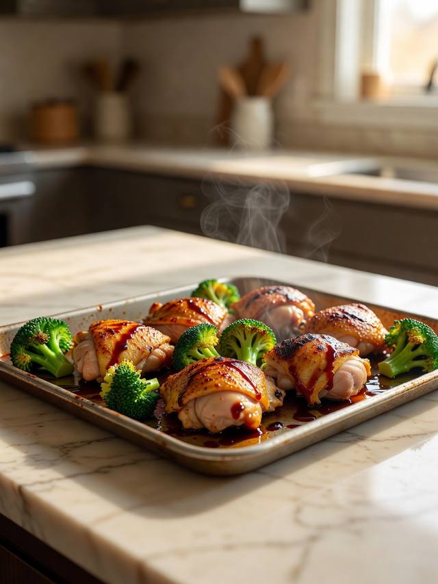 Roasted chicken thighs and broccoli on a sheet pan with a dark teriyaki glaze