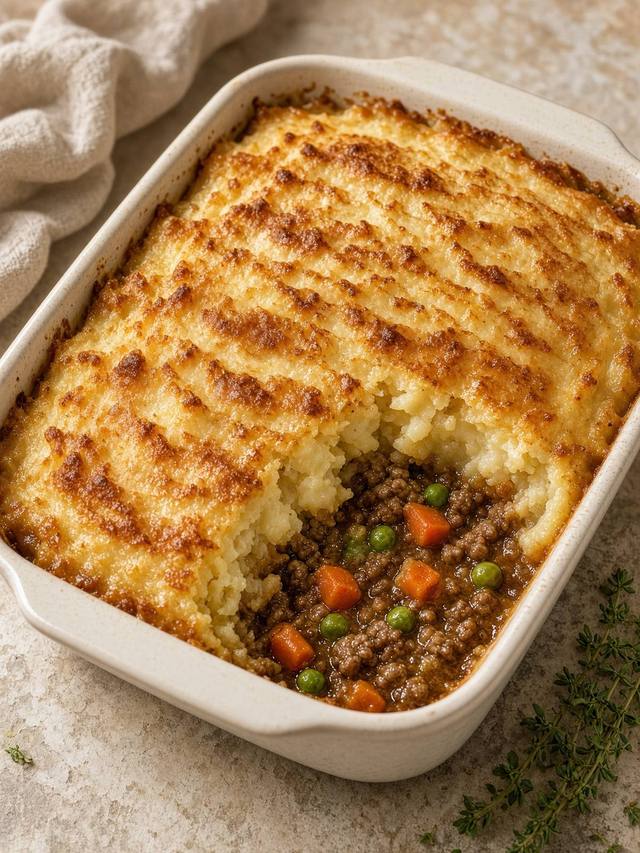 A baking dish of shepherd's pie with a browned mashed potato top and a scoop removed.