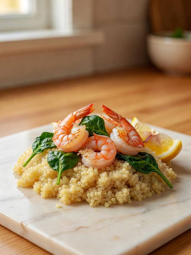 Pink shrimp over fluffy quinoa with wilted spinach and lemon