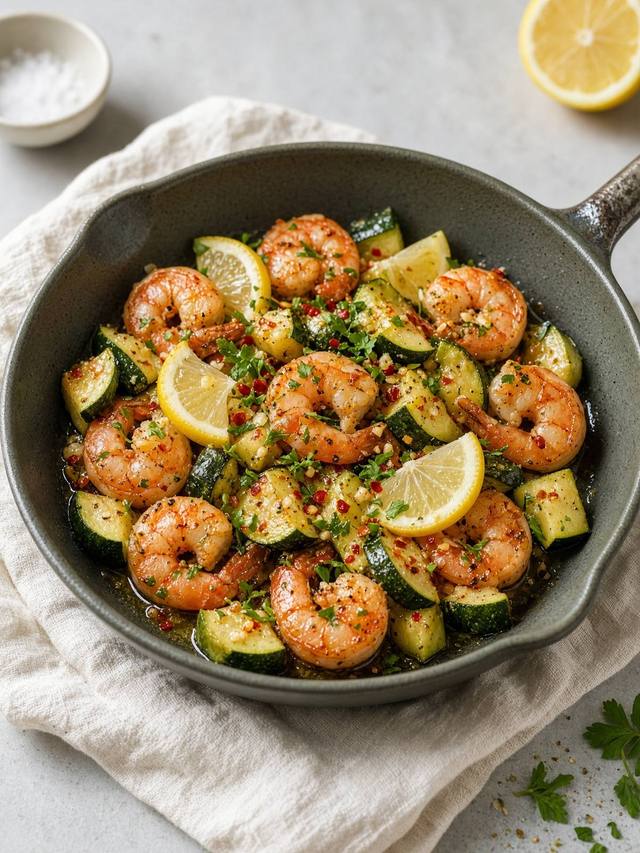Skillet shrimp with zucchini, garlic, chili, and lemon.