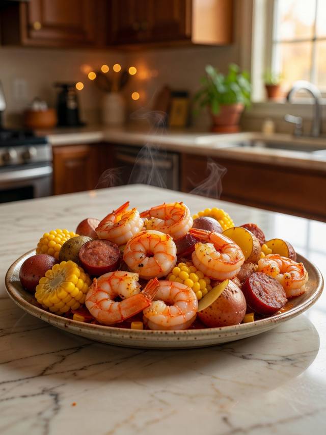Platter of shrimp boil with potatoes, corn rounds, sausage, and shrimp