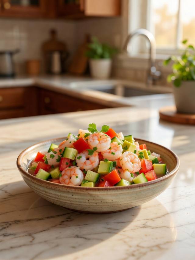Bowl of chopped cooked shrimp ceviche with tomato, cucumber, avocado, and cilantro