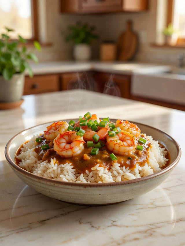 Bowl of shrimp etouffee over white rice with scallions