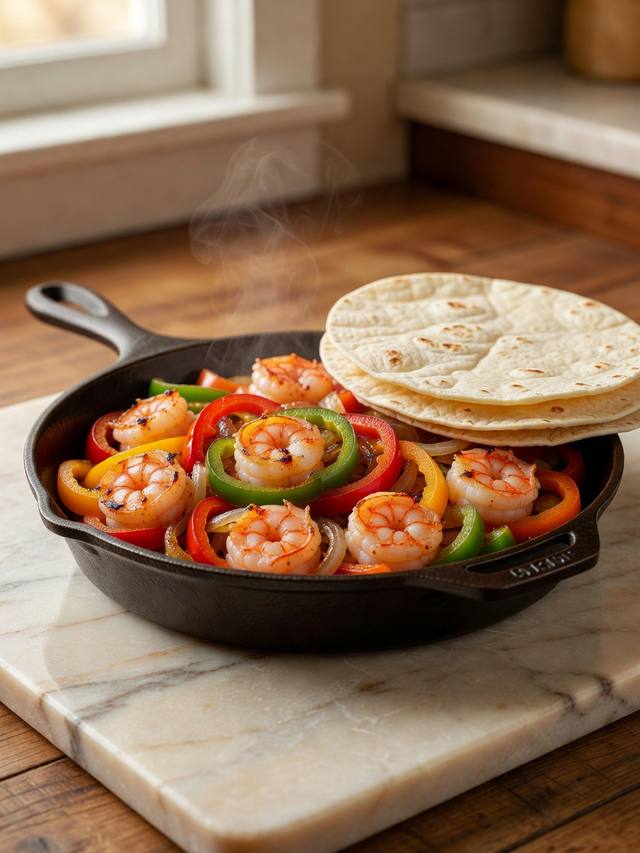 Skillet of shrimp fajitas with peppers and onions beside warm tortillas