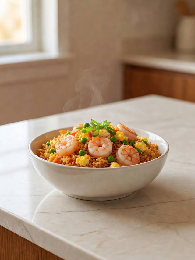 Bowl of shrimp fried rice with egg, peas, carrots, and scallions