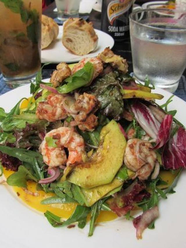 Shrimp salad with mango chunks and sliced avocado