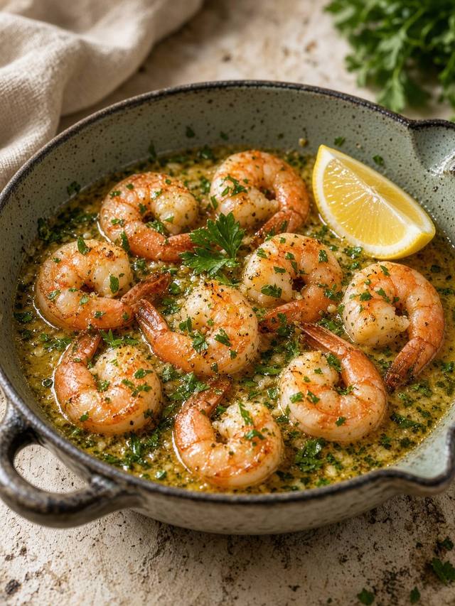 Shrimp in a garlic butter sauce with parsley and lemon in a skillet.