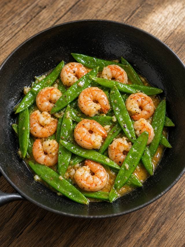Shrimp and snow peas in a glossy ginger garlic sauce
