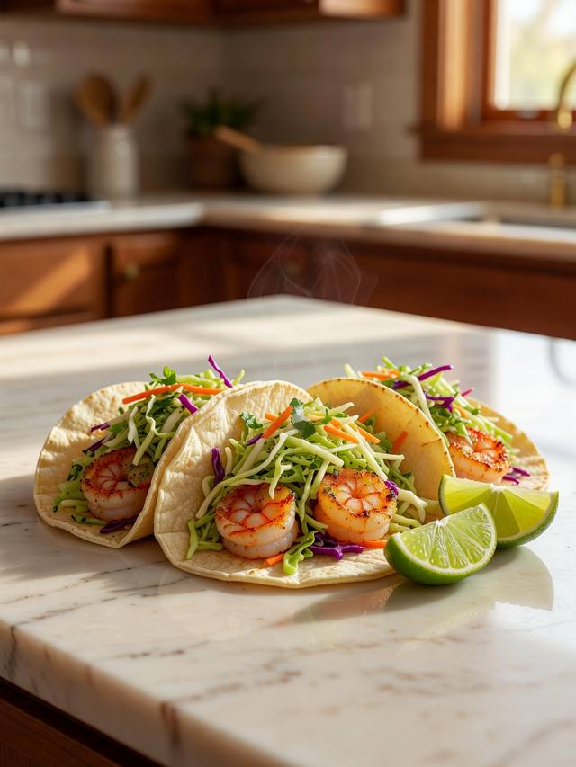 Corn tortillas filled with seasoned shrimp and cabbage slaw with lime wedges