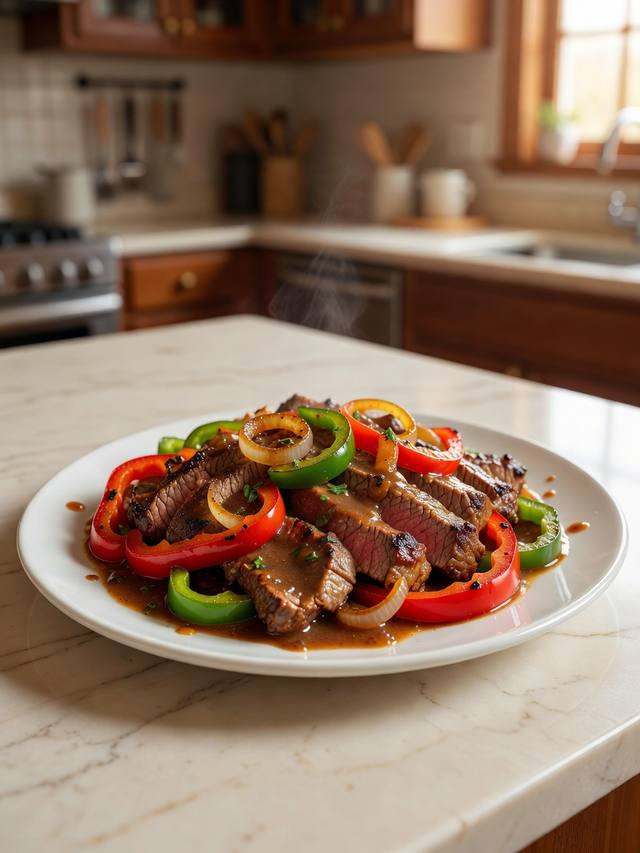 Sliced sirloin with red and green bell peppers and onion in a brown sauce