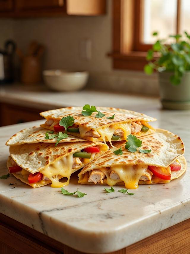 Golden chicken quesadillas cut into wedges with melted cheese, peppers, and cilantro
