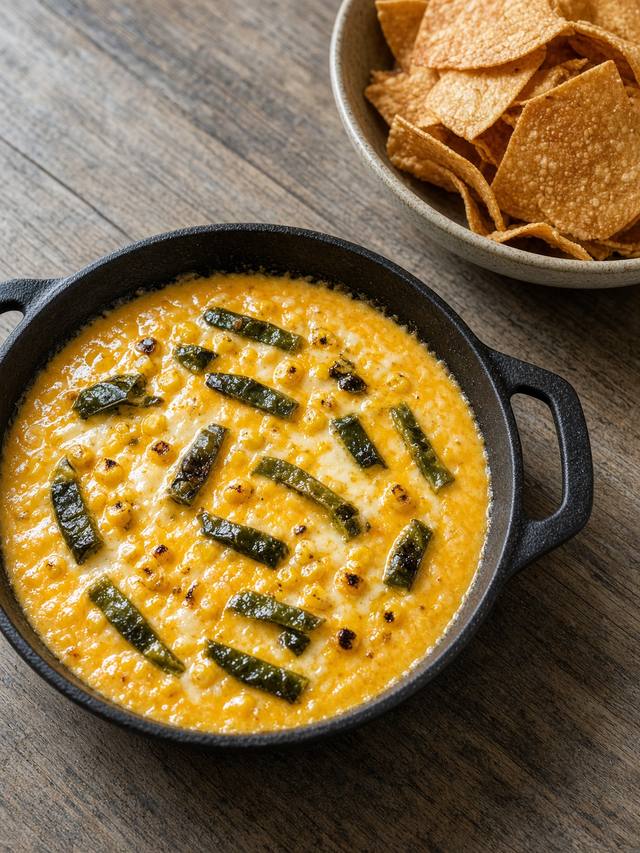 Cast-iron skillet of melted cheese with corn and green poblanos