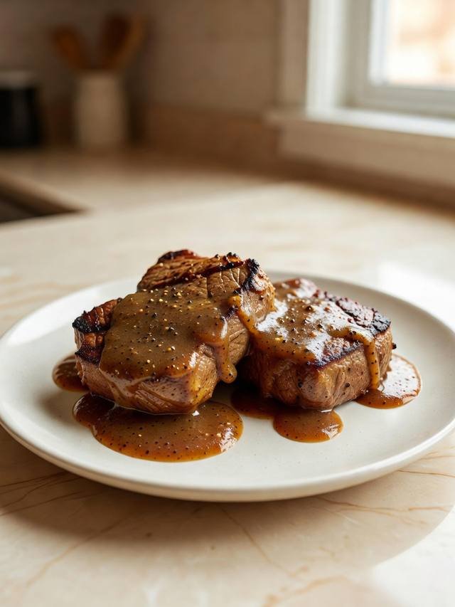 Two cube steaks covered in peppery brown gravy on a plate