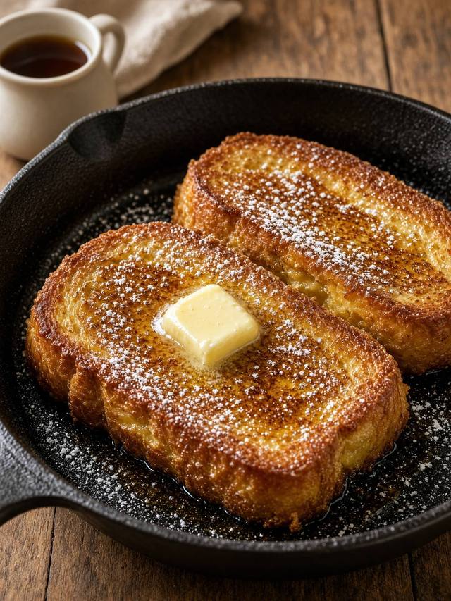 Skillet of thick French toast slices browning in butter with a cinnamon custard edge.