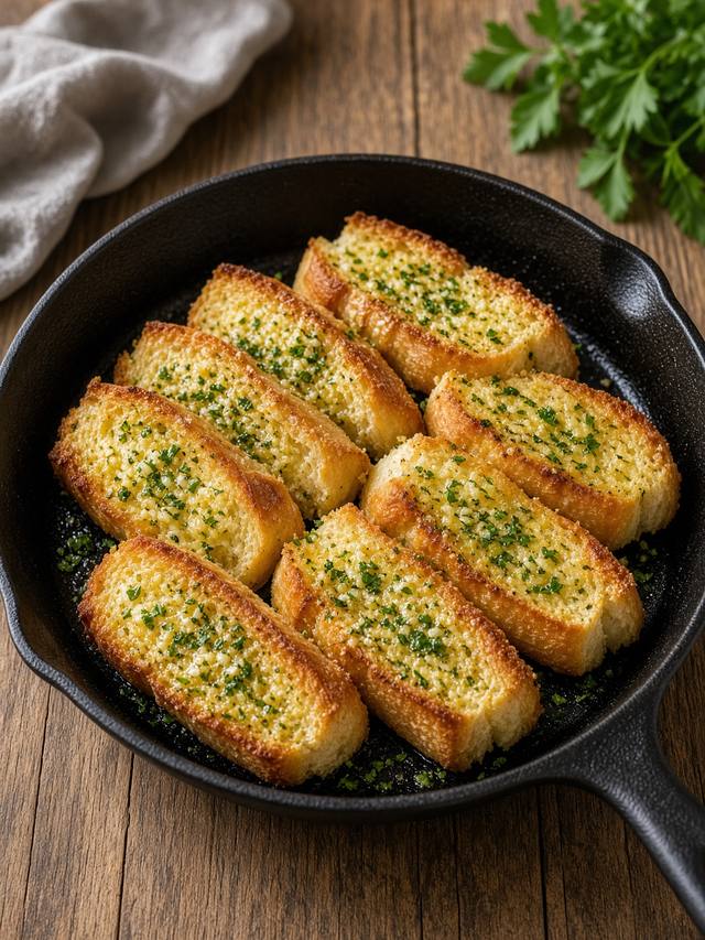 Toasted garlic bread sliced on a board