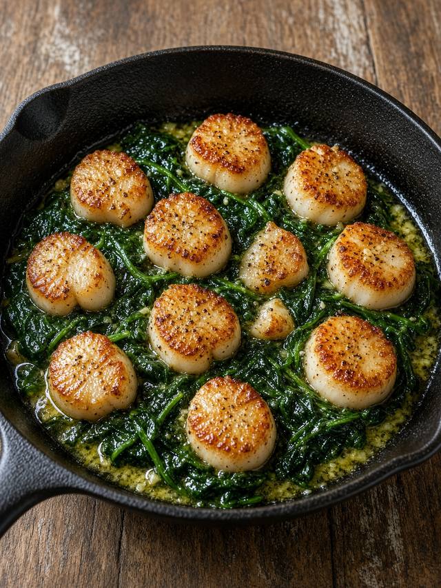 Seared scallops over wilted spinach in a black skillet