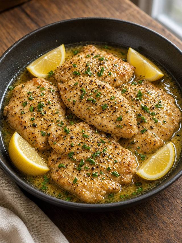 Golden chicken cutlets in a lemon pepper butter sauce with parsley in a skillet.