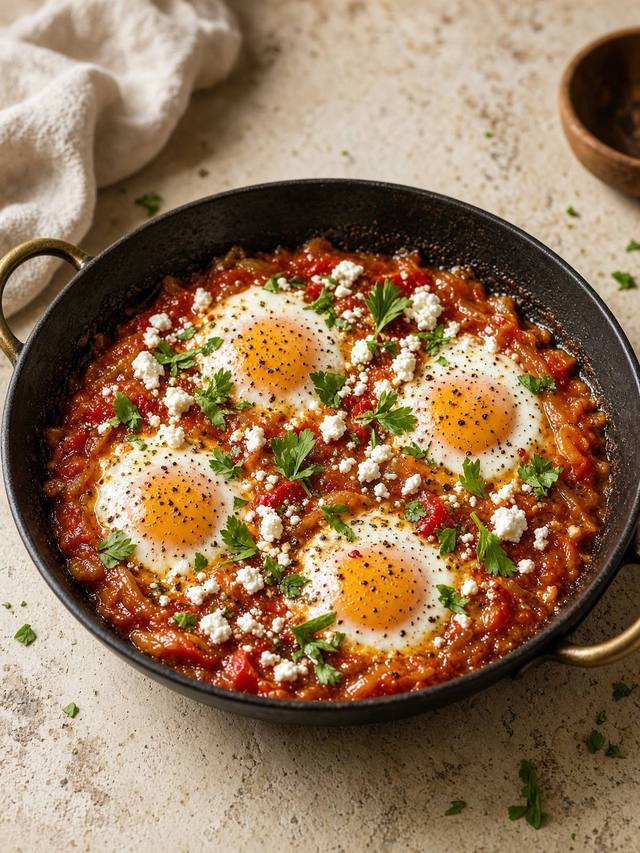Skillet of eggs poached in pepper-tomato sauce with feta and herbs.