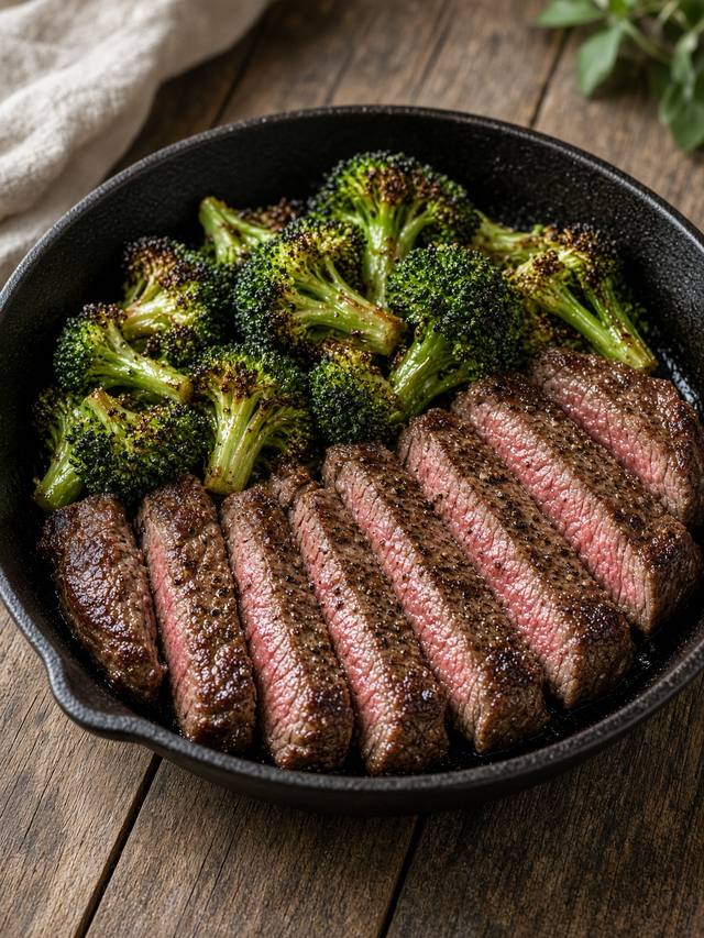 Sliced seared steak and charred broccoli in a skillet