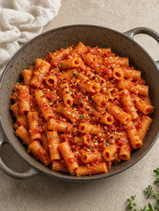 One-pan tomato pasta with garlic and chili.