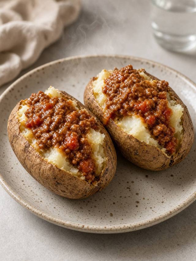 Split russet potatoes with fluffy centers, covered in a thick, reddish-brown beef sauce.