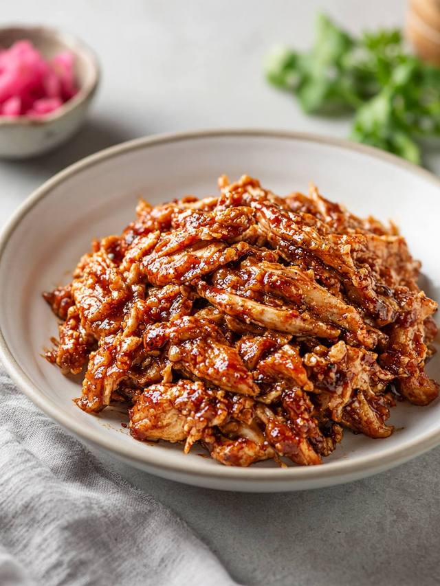 Shredded barbecue chicken in a slow cooker.