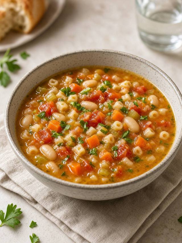 A bowl of bean minestrone with vegetables and pasta.