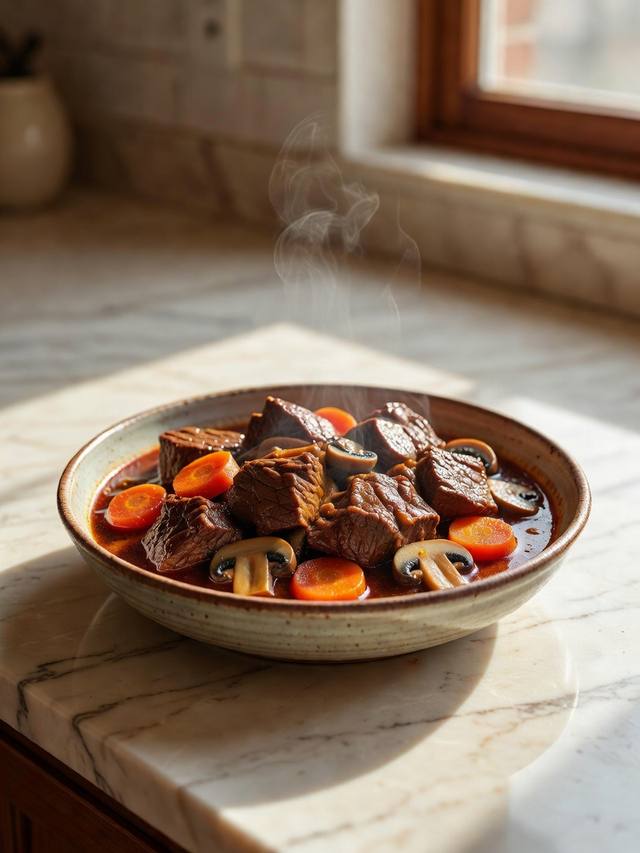 Bowl of beef bourguignon with tender beef, carrots, mushrooms, and a glossy red wine sauce