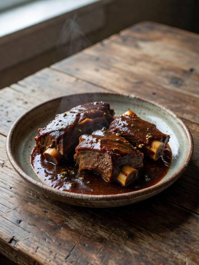 Tender beef short ribs in dark gravy on a plate