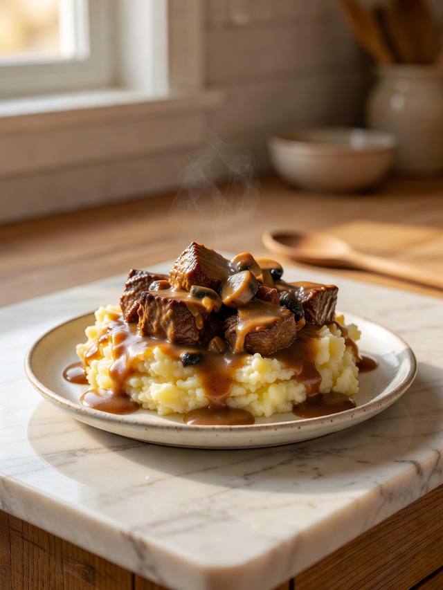 Beef tips in brown mushroom gravy served over mashed potatoes