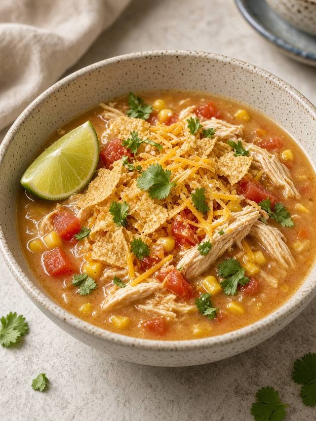 A bowl of chicken tortilla soup with chips, lime, and cheese.