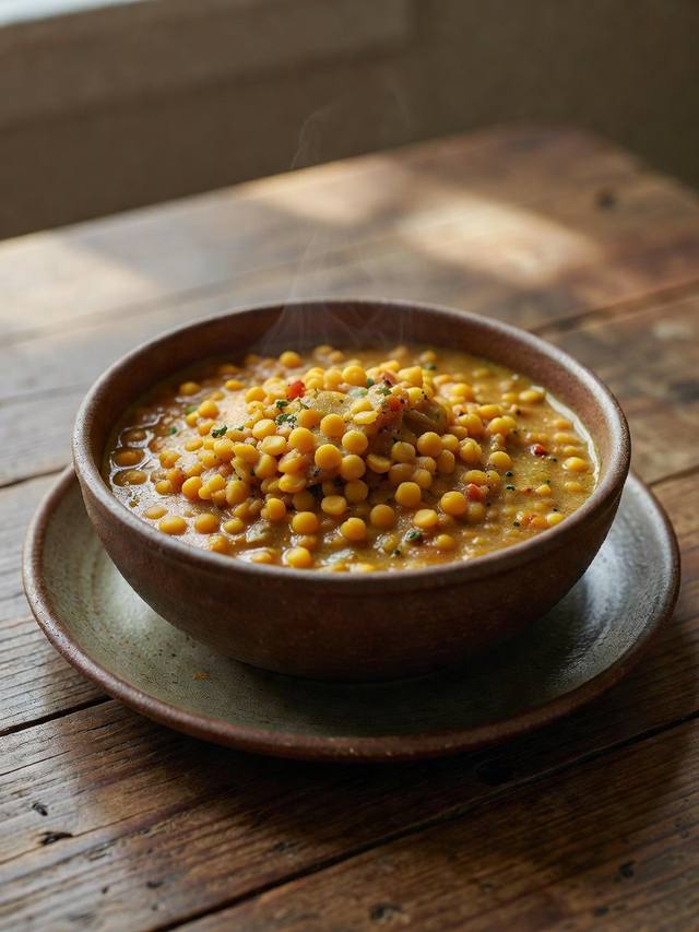 Bowl of creamy coconut red lentil dal with cilantro
