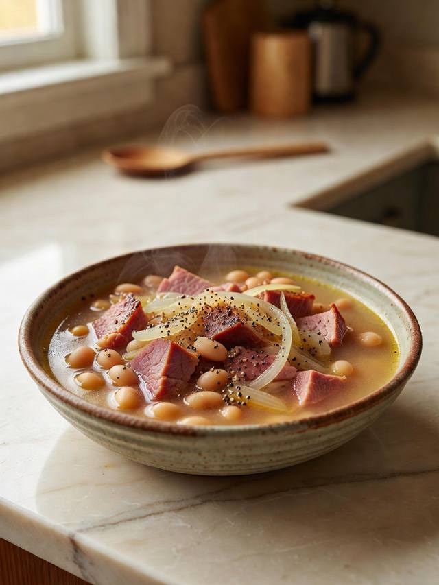 Bowl of ham and navy beans in a light broth with onion and black pepper